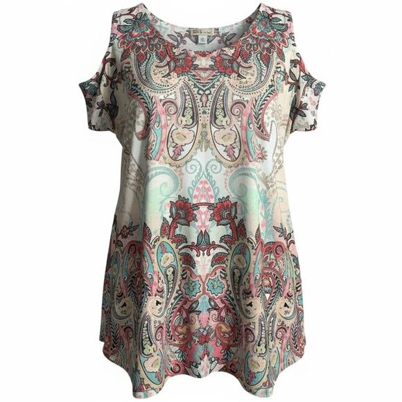World Unity Cold Shoulder Paisley Print Boho Top Size XL Multi Soft Knit Blouse - Picture 1 of 13